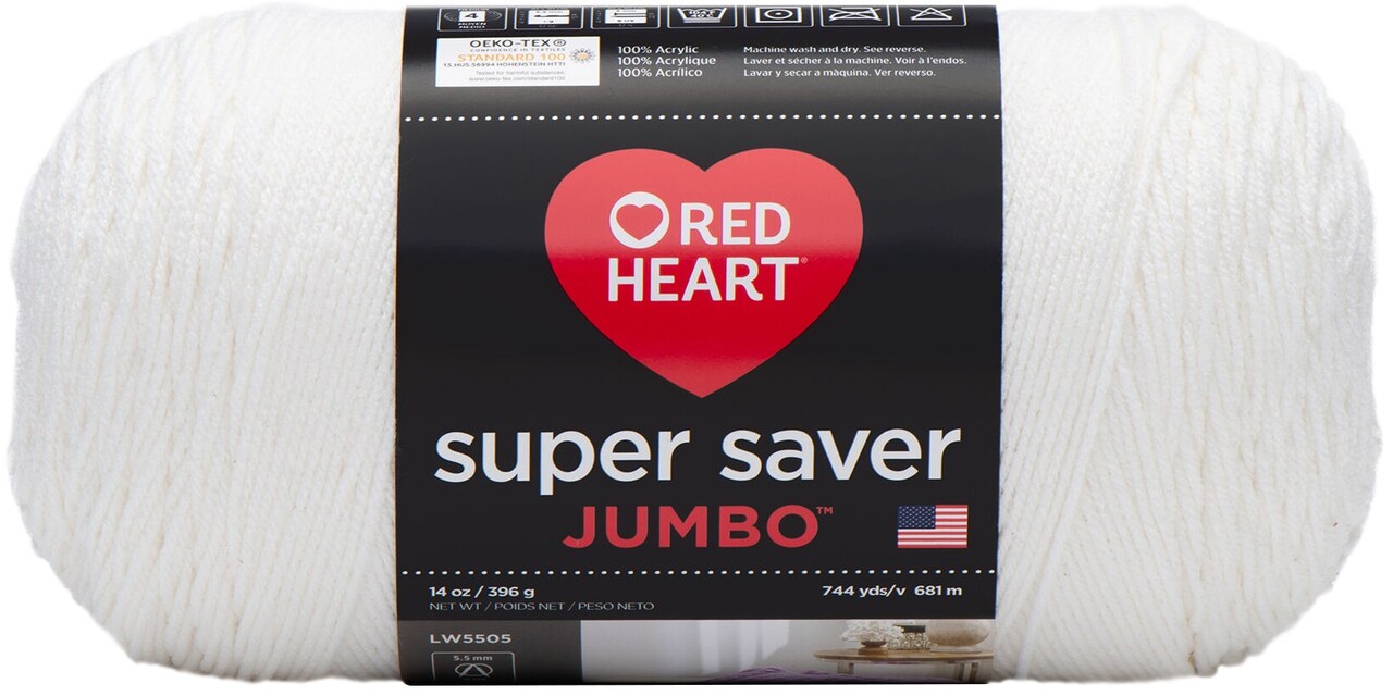 Red Heart Super Saver Jumbo White Yarn - 2 Pack of 396g/14oz - Acrylic - 4  Medium (Worsted) - 744 Yards - Knitting/Crochet